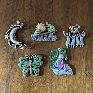 DD Pin / Brooch Set of Five Fairy Moon Frog Butterfly Women